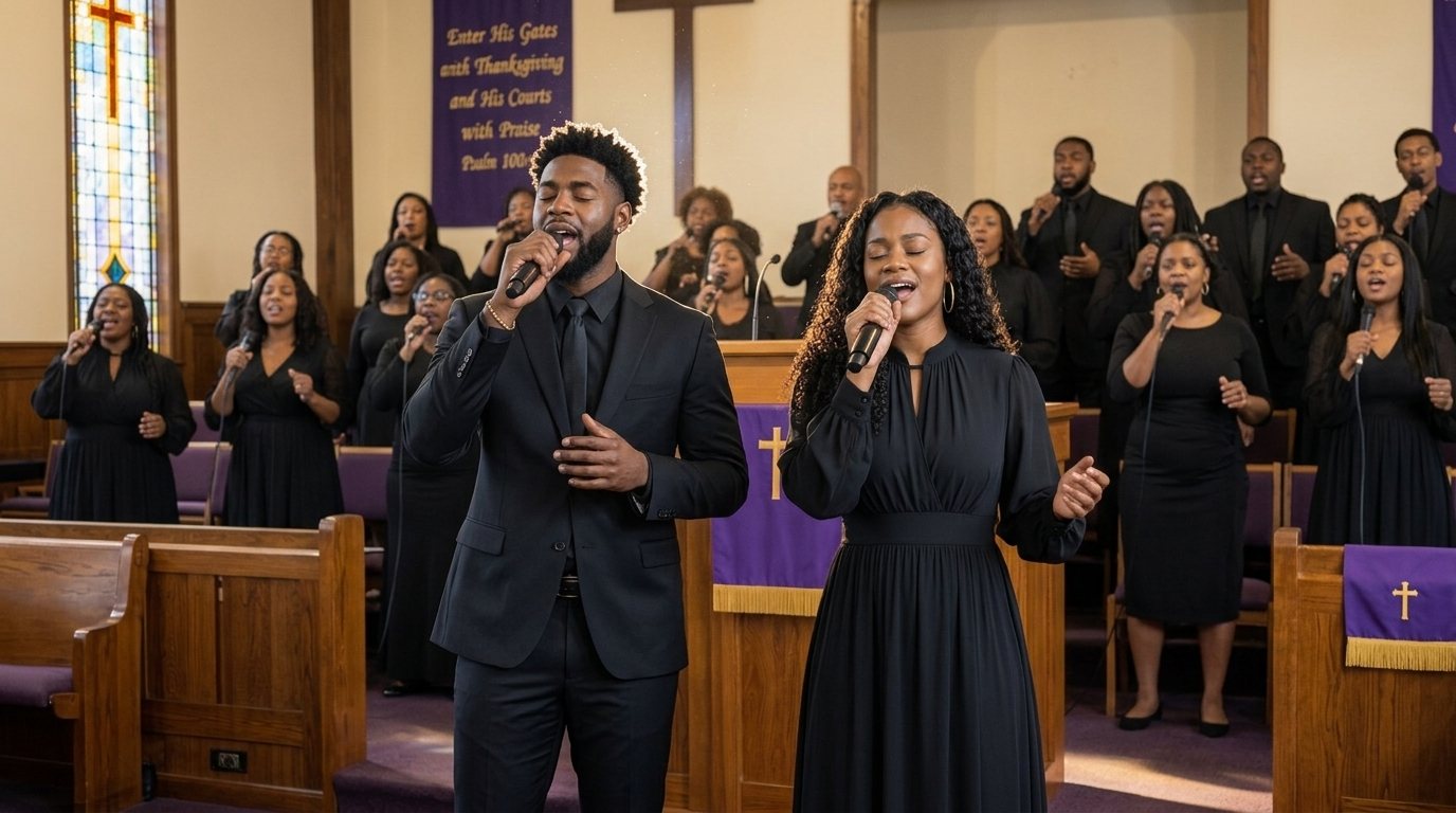 Trinity and Virgil singing together with the choir behind them in church