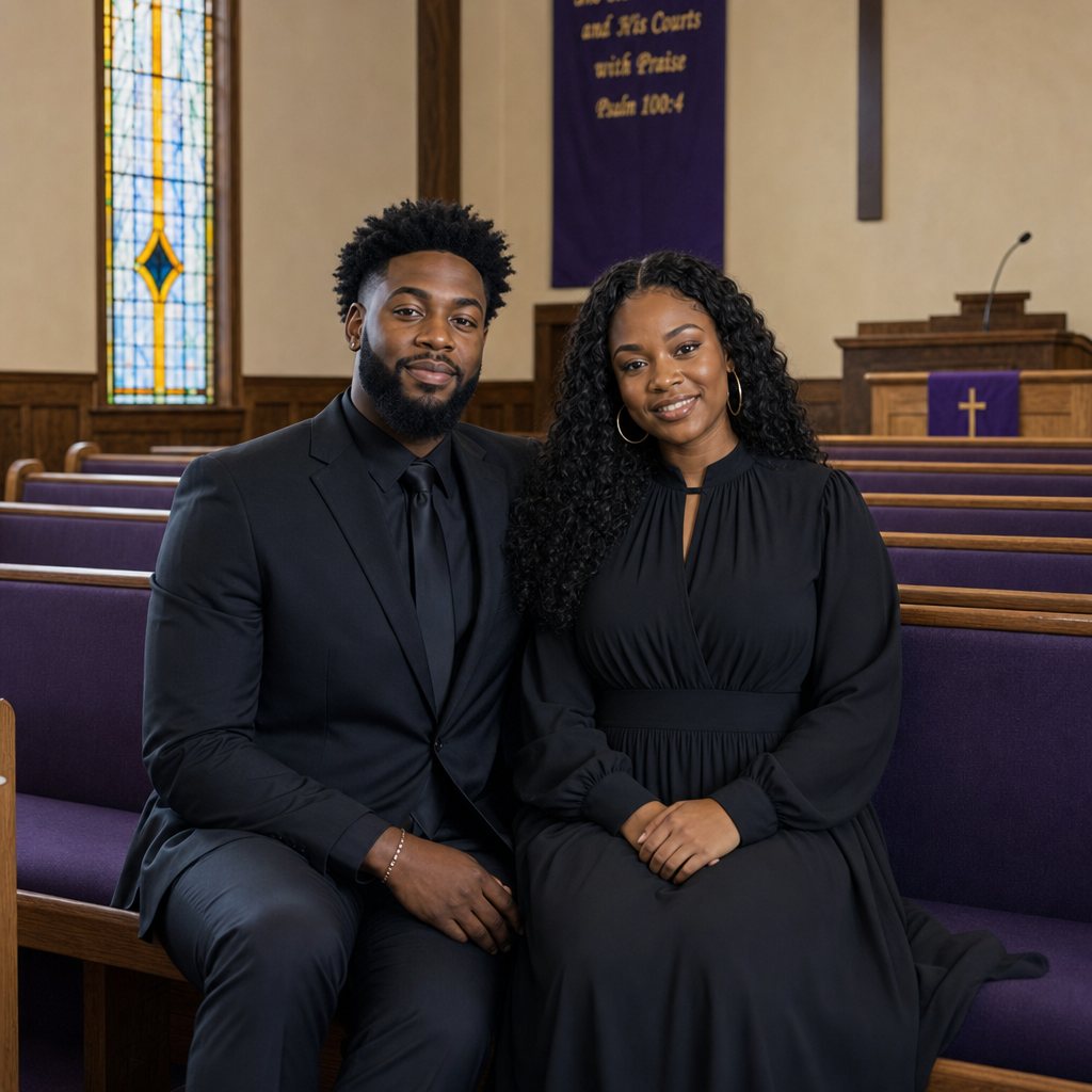 Trinity and Virgil seated together in the church pews