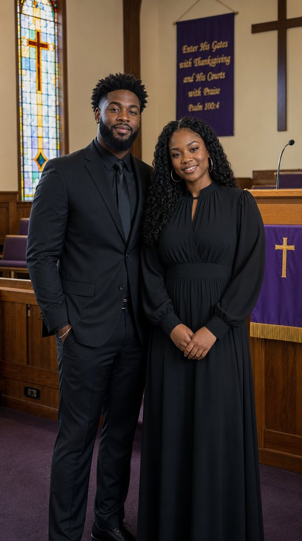 Trinity and Virgil standing together at the front of the church